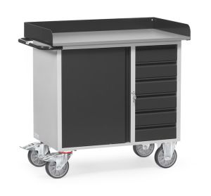 Werkplaatswagen 12450 met kast en schuifladen, werkblad met opstaande rand, antracietgrijs.