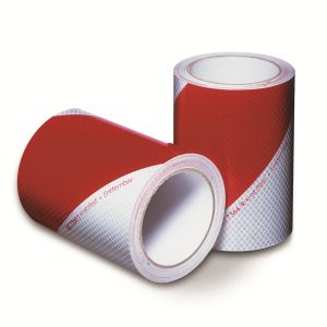 Waarschuwingstape. Verkrijgbaar in links- en rechtsom. Rood-Wit gestreept.