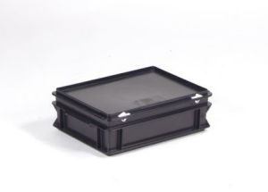 ESD kunststof RAKO kist 400x300x135 mm, 10 liter met afsluitbaar deksel en scharnier verstevigingen.