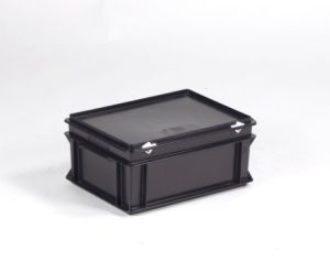 ESD kunststof RAKO kist 400x300x185 mm, 15 liter met afsluitbaar deksel en scharnier verstevigingen.