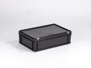 ESD kunststof RAKO kist  600x400x185 mm, 30 liter met afsluitbaar deksel en scharnier verstevigingen.