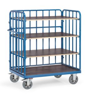 Zwaarlast etagewagen 18213-1 met 4 etages van hout, kopwanden en achterwand met spijlen met laadvlak 1200 x 800 mm