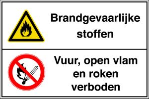 Gecombineerd vloerpictogram - Ontvlambare stoffen / Vuur, open vlam en roken verboden (450 x 300 mm)