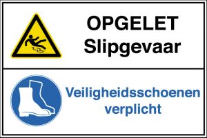Gecombineerd vloerpictogram - Opgelet, slipgevaar / Veiligheidsschoenen verplicht (450 x 300 mm)